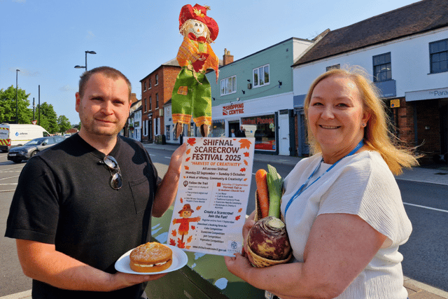 Dan Harper and Denise Reynolds of Shifnal Town Council promoting the new scarecrow festival