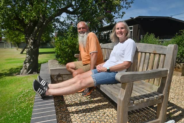 Enjoying the sensory garden and open space at the back of the library: Martin and Diane Thacker