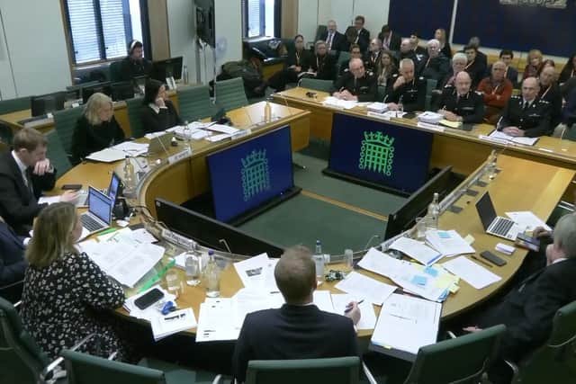 Screen grab of (left to right) Chief Constable Mark Roberts, National Lead for Football Policing, UK Football Policing Unit, Mike O'Hara, Assistant Chief Constable, West Midlands Police,  Craig Guildford, Chief Constable, West Midlands Police and Mick Wilkinson, Chief Inspector, West Midlands Police appearing before the Home Affairs Committee, for a hearing on Football Policing, at the House of Commons, London. Picture date: Tuesday January 6, 2026. PA Photo. Photo credit should read: House of Commons/UK Parliament/PA Wire