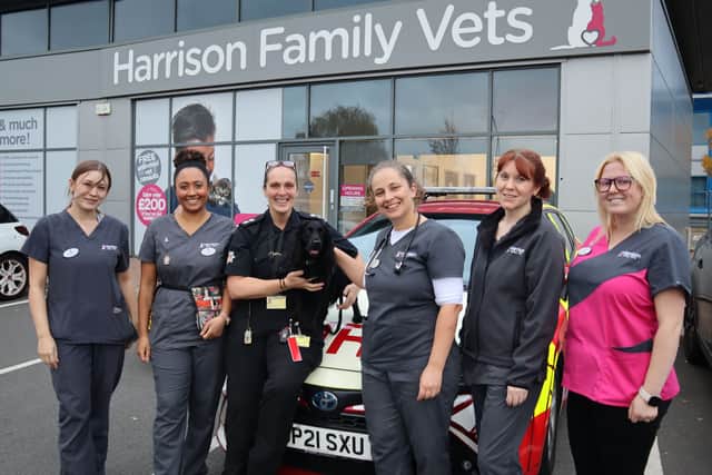 Watch Commander Annette Carrington with Holly and clinic director and vet Rosie Levene-Barr, from Harrison Family Vets and the rest of the team from Kingswinford