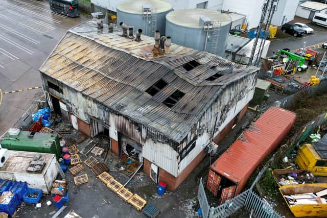 Aerial pics showing the damage caused to G. Simmons and Sons, the family run pork scratchings factory, in Bloxwich after a huge fire engulfed the premises.