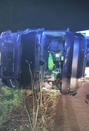 The lorry had ended up on its side after the collision. Photo: National Highways