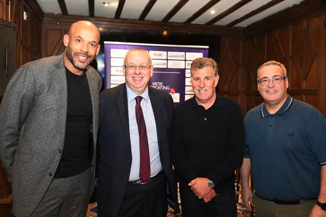Mark McGee pictured at the fundraising event which raised £10,000 for Pancreatic Cancer UK and Birmingham Children's Hospital.  Matt Murray, host Steve Saul, Mark McGhee and organiser Carl Falconer. Picture: Jim Mayer