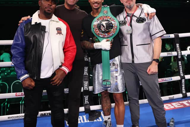 Birmingham, UK:  Ben Whittaker v Benjamin Gavazi, WBC Silver Light Heavyweight Title
29 November 2025
Picture By Mark Robinson Matchroom Boxing
Left to right Rapper Dizzee Rascal, Eddie Hearn Matchroom Boxing Chairman, Ben Whittaker, Andy Lee