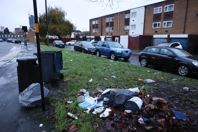 Rubbish piled up on Saint Luke's Road in Birmingham. Birmingham agency bin workers attend rally on Smithfield depot in Birmingham on first day they join the strike with Birmingham City Council directly employed bin workers.