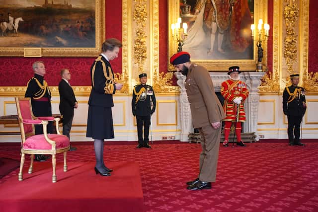 Captain Jagjit Sohal, from Royal Sutton Coldfield, chair of the WW1 Sikh Memorial Fund, is made an Officer of the Order of the British Empire by the Princess Royal at St James's Palace. The honour recognises services to the commemoration of Commonwealth soldiers who served Great Britain. Picture date: Friday December 5, 2025. PA Photo. Photo credit should read: Yui Mok/PA Wire
