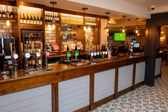The bar area is lighter and has a large selection of drinks
