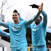 Priestley Farquharson celebrates scoring Walsall's second goal against Harrogate. (Owen Russell)
