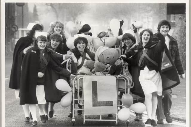 Stafford nurses took a bed on a ten-mile trek around the town in November 1982 to raise funds for the baby unit at the soon-to-be-built Stafford District General Hospital.