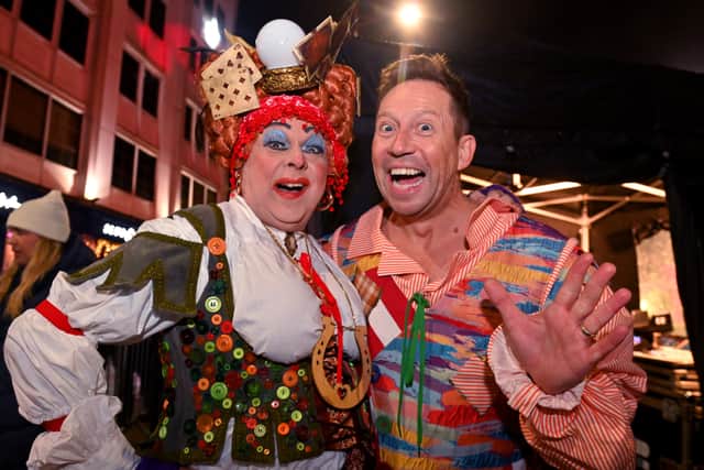 Panto stars Ian Adams and Tam Ryan at Wolverhampton Christmas lights switch on in November 2025.