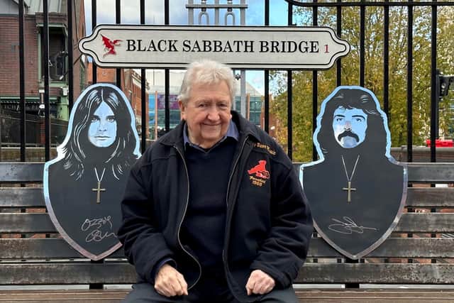 Jim Simpson sits on the Black Sabbath bench in Birmingham. Photo: Dyson Media/SWNS
