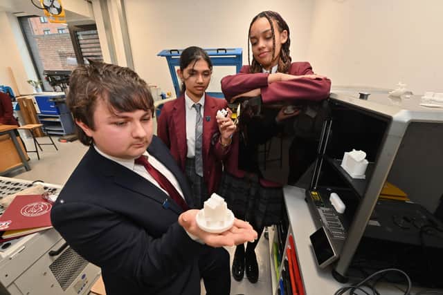 Students are taught to be ambitious and fair. Pictured are Liam, aged 16; Charvi, aged 15 and Isha, aged 15. Photo: Steve Leath