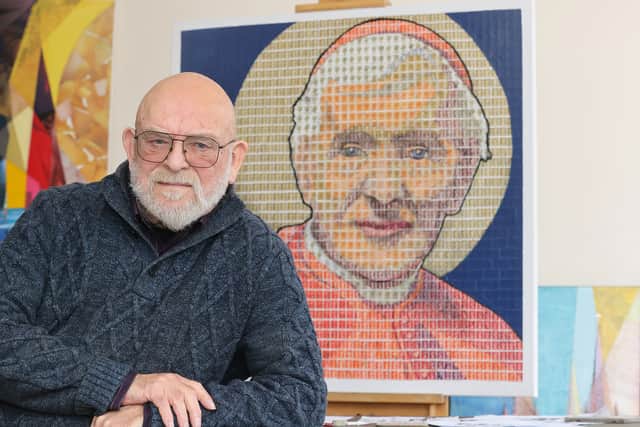 Pete Mason from Hednesford has made a portrait of Cardinal Newman out of stamps. Photo: Phil Blagg