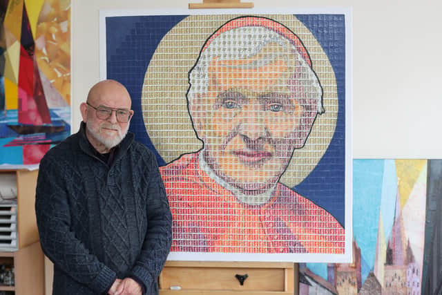 Pete Mason from Hednesford has made a portrait of Cardinal Newman out of stamps. Photo: Phil Blagg