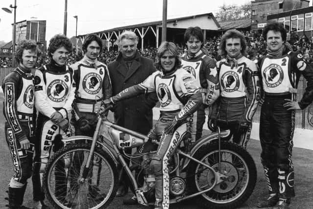 The 1980 Cradley Heathens speedway team with Alan Grahame, Erik Gunderson, Dave Perks, manager Bob Wasley, Bruce Penhall, John Hack, Phil Collins, and Illa Teromaq.