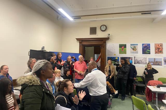 Angry outbursts in the public gallery following the Birmingham Council planning committee's decision to approve the Druids Heath scheme.