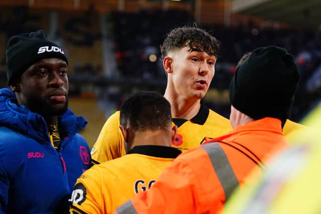 Wolverhampton Wanderers' Jorgen Strand Larsen reacts to fans after the final whistle of the Premier League match at Molineux Stadium, Wolverhampton. Picture date: Sunday October 26, 2025.