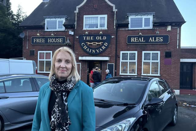Antonia Bance MP outside the Old Chainyard pub in Coseley