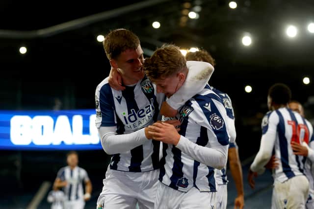 Jack Bray, right, celebrates with Matty Crowther after scoring against Juventus last season. (Photo by Adam Fradgley/West Bromwich Albion FC via Getty Images)