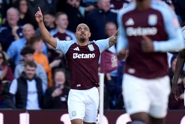 Aston Villa's Donyell Malen celebrates after scoring his sides second goal during the Premier League match at Villa Park, Birmingham. Picture date: Saturday April 5, 2025.