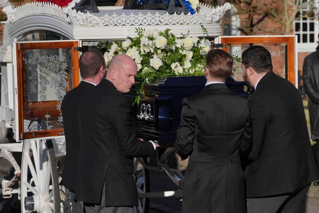 Pallbearers carry the coffin into the funeral service of One Direction singer Liam Payne at St Mary's Church in Amersham, Buckinghamshire