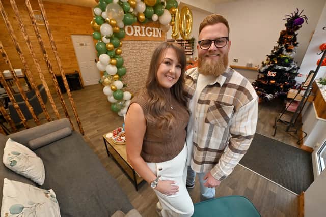 Salon owner Sarah-Louise Charlton, with husband Simon Charlton, at Origin Hair and Beauty Salon and Training Centre which is celebrating 10 years in business