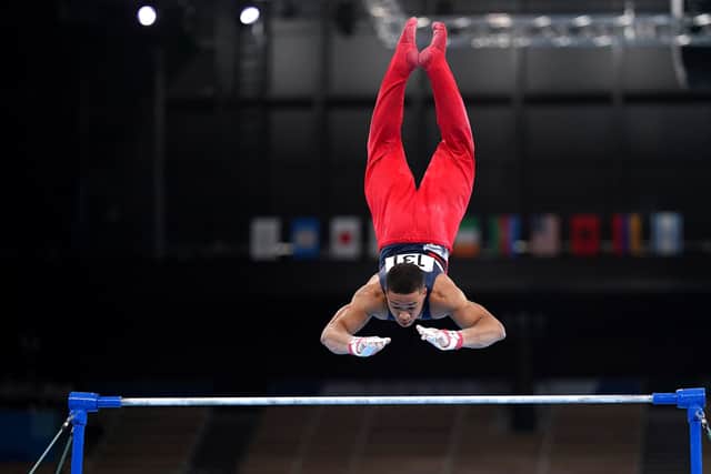 
              
Great Britain's Joe Fraser on the horizontal bar during the Men's All-Around Final at the Ariake Gymnastics Centre on the fifth day of the Tokyo 2020 Olympic Games in Japan. Picture date: Wednesday July 28, 2021. PA Photo. See PA story OLYMPICS Gymnastics. Photo credit should read: Mike Egerton/PA Wire.
 

RESTRICTIONS: Use subject to restrictions. Editorial use 
only, no commercial use without prior consent from rights holder.
            

