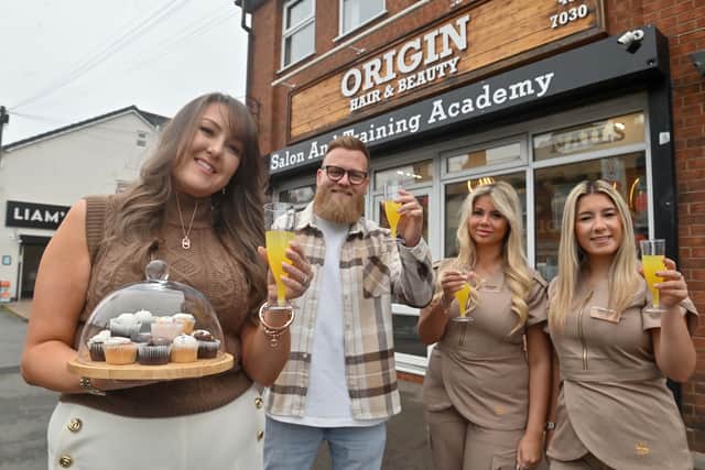 L-R: Salon owner Sarah-Louise Charlton, husband Simon Charlton, beauty therapists Megan Owen and Leanne Mullett at Origin Hair and Beauty Salon and Training Centre in Oldbury, which is celebrating 10 years in business