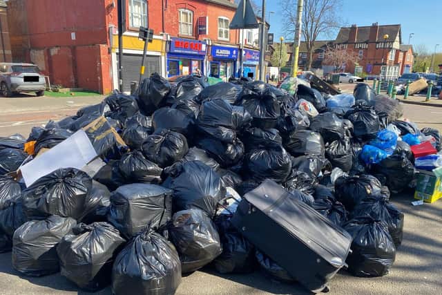 An enormous pile of bin bags and rubbish in Balsall Heath on Tuesday, April 1. Credit: Alexander Brock. Permission for use for all LDRS partners.