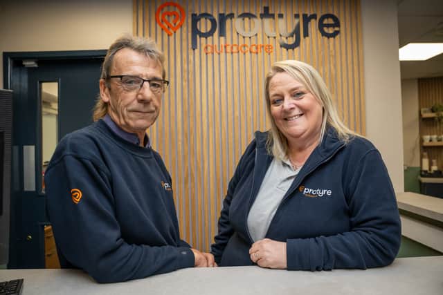 Workshop manager Gary Mills and centre manager Donna Mullis at the newly
refurbished Protyre Autocare site at Wordsley