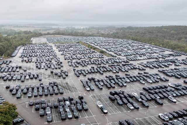 Aerial views captured hundreds of vehicles at Jaguar Land Rover's National Distribution Centre in Baxterley, Atherstone, Warwickshire. September 17, 2025.