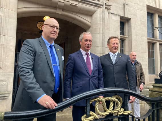 Nigel Farage with Staffordshire County Council leader Ian Cooper and deputy leader Martin Murray.