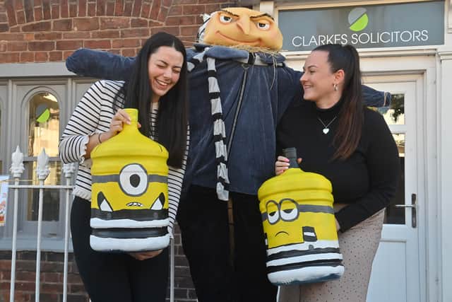 Courtney Harte and Katie Humphreys with a brilliant Minions-themed scarecrow for the Shifnal Scarecrow Festival