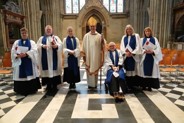Rt Rev Martin Gorick with Tony Bill, Helen Black, Sue Cousins, Claire Darnborough,
Robbie Porter and Kathryn Trinder at Worcester Cathedral.