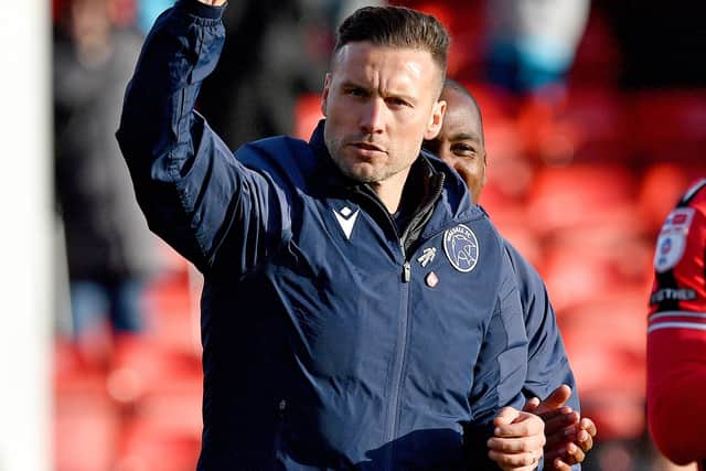 Walsall manager Mat Sadler celebrates at the final whistle.
