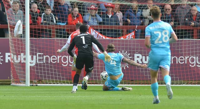 Aden Flint's heroic intervention for Walsall in the first half of their draw at Fleetwood on Saturday.