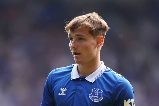 Walsall midfielder Lewis Warrington on his Premier League debut for Everton in 2024. (Photo by Lewis Storey/Getty Images)