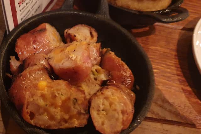 The sausages are full of jalapenos and cheese, a nice combination