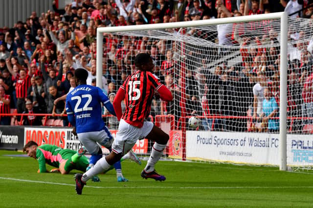 Daniel Kanu scoring his first Walsall goal on the weekend.