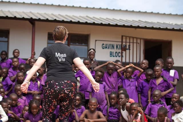 Viv Kibble teaches dance to the pupils in Zambia earlier this year.