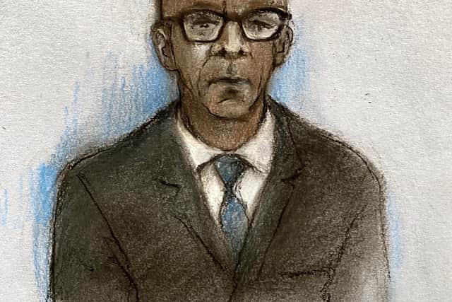 Court artist drawing by Elizabeth Cook of BBC presenter Jay Blades appearing at Shrewsbury Crown Court via video link, charged with two counts of rape. Photo: Elizabeth Cook/PA Wire