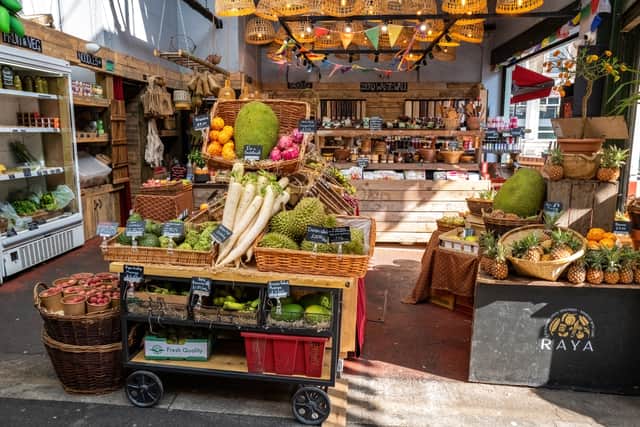 A healthy eating market stall at Borough Market, Southwark.