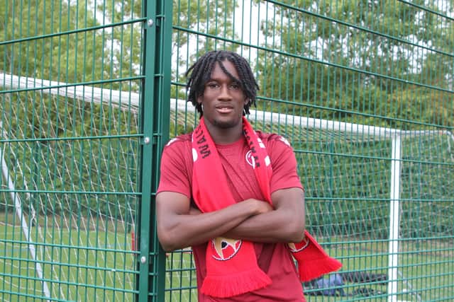 Okeke has made three appearances for Stockport County. (Image by Owen Russell)