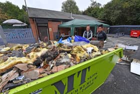 The fire left a hole in the building's roof. Pictured surveying the damage are vice chair Tracey Bowen and chair Rebecca Spittle. Photo: Tim Sturgess