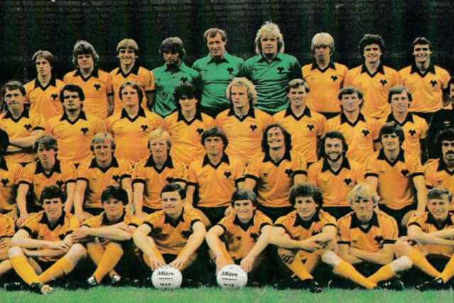 In a Wolves team picture, between Mel Eves and Andy Gray two rows from the back.