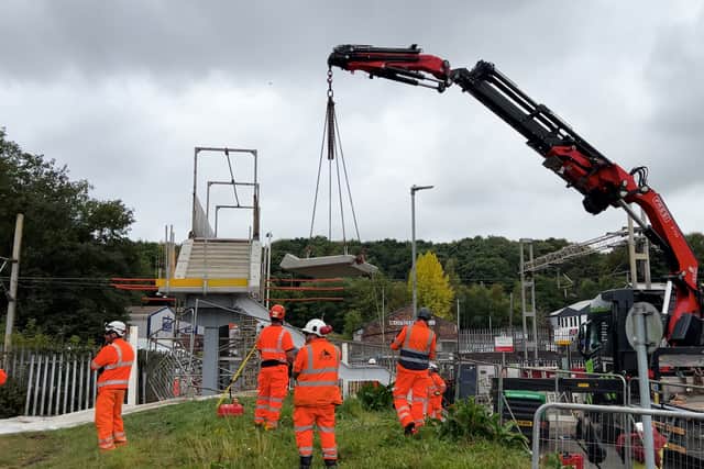 Concrete staircases being lifted at Longport Railway Station footbridge 