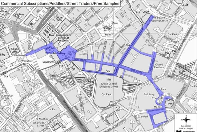 Areas of Birmingham city centre which would be covered by the PSPO designed to tackle activities such as illegal street trading and peddling
