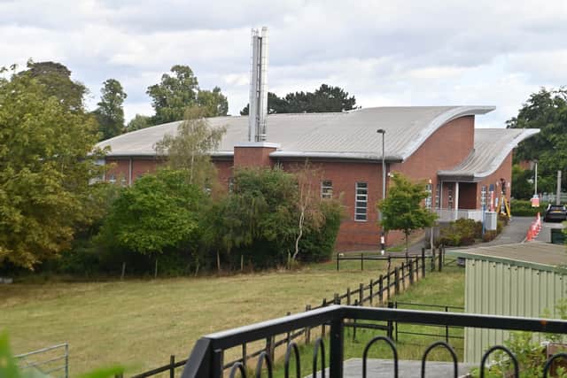 Corbett Outpatients Centre in Amblecote - seen from Corbett Meadow which was donated to the people of Stourbridge by benefactor John Corbett along with the land the hospital now sits on