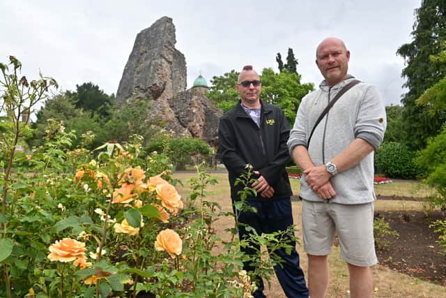 Trevor Trueman and Dean Lewis in the castle grounds. Photo: Steve Leath