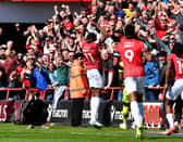 Levi Amantchi celebrates his goal against Port Vale in April.